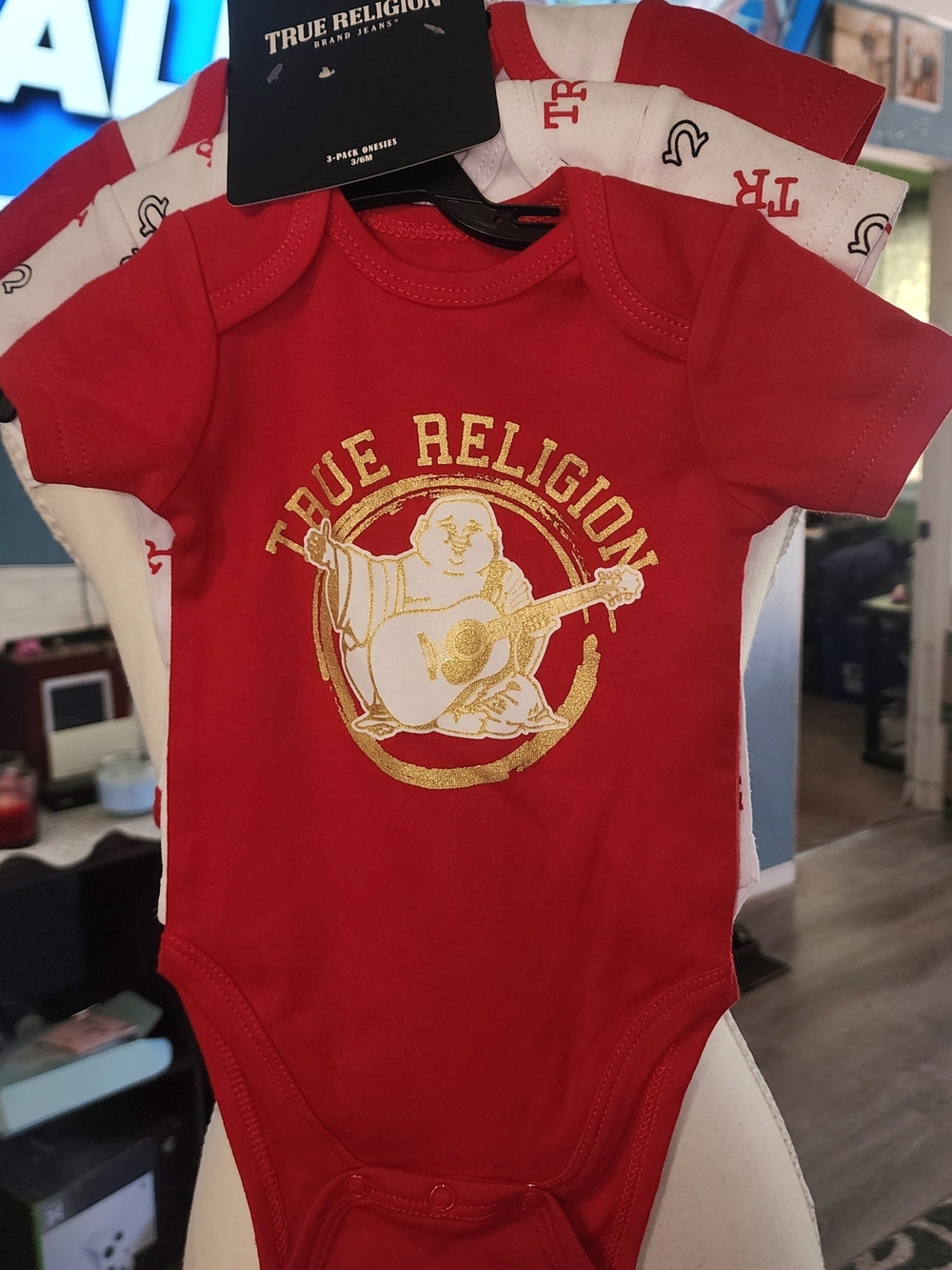True Religion Red Onesie 3 Pack with Gold Graphic Sz 3/6M NWT